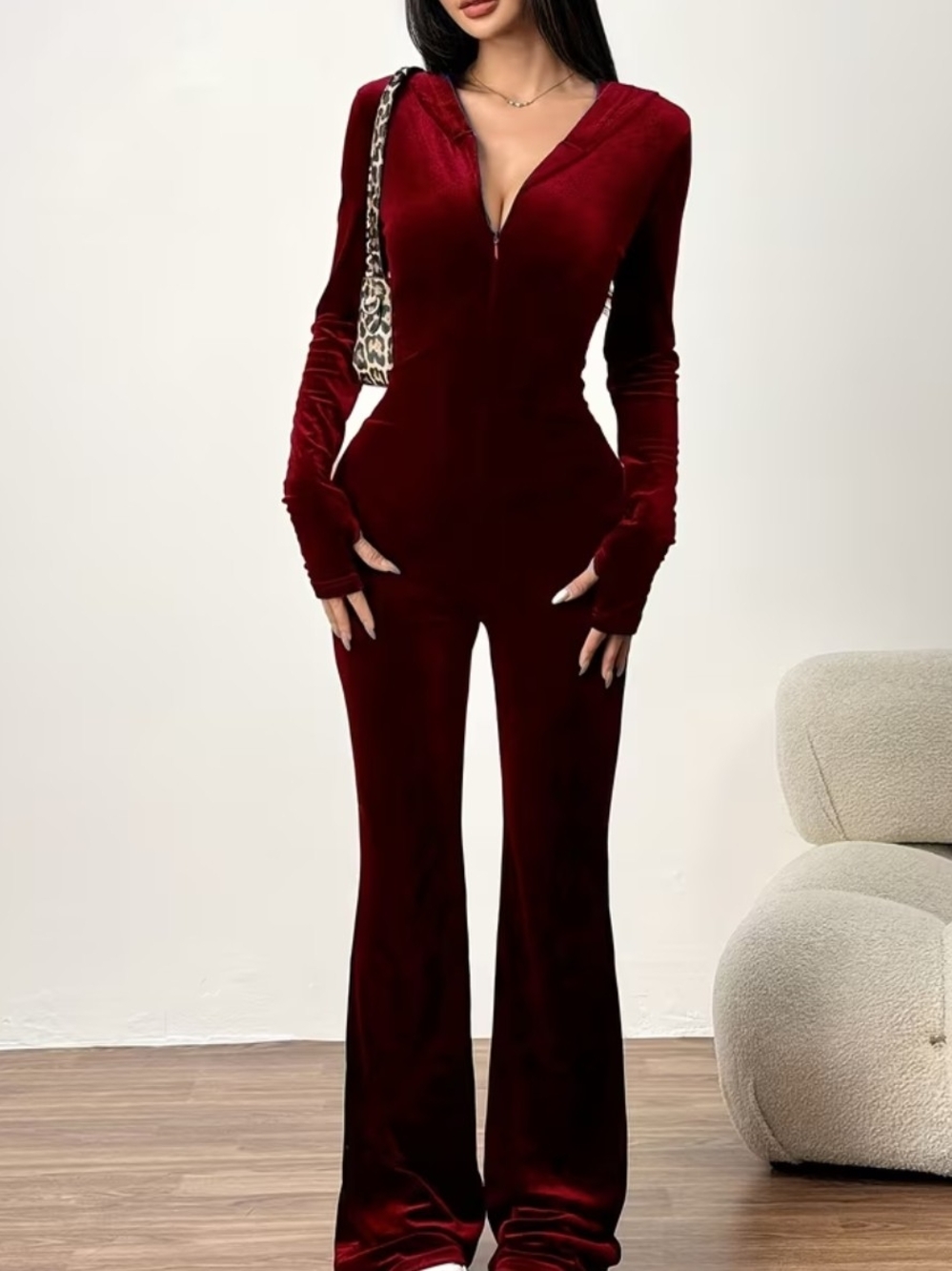 Velvet Zip-Front Jumpsuit - Burgundy